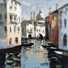 An acrylic style painted scene of Venice in Italy