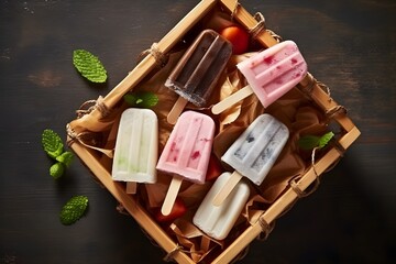 Strawberry and different flavors popsicles on ice wooden basket. top veiw. Generative ai