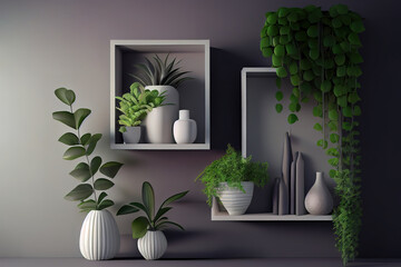 Interior wall with green plant,green wall and shelf.3d rendering. Generative Ai