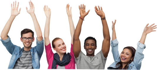Obraz premium Portrait of four young friends raising hands