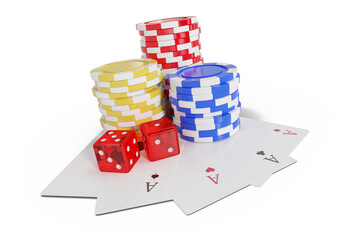 Tilt image of casino tokens with playing cards and dice