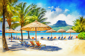 Obraz na płótnie Canvas Beautiful sandy beach with Le Morne Brabant mountain on the south of Mauritius island. Generative Ai