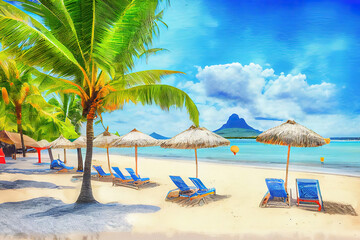 Beautiful sandy beach with Le Morne Brabant mountain on the south of Mauritius island. Generative Ai