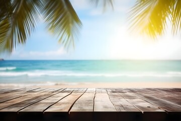 Top of wood table with seascape and palm leaves. blurred blue sky and sea with bokeh light and old wooden table background. Generative Ai