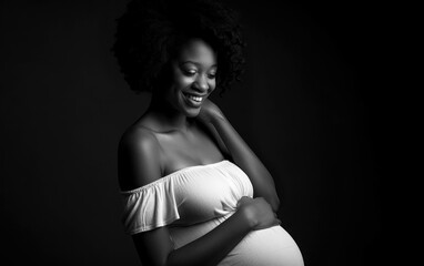Beautiful black and white portrait of a young African-American pregnant woman, wearing a white dress and gently holding her belly with a smile on her face, created with generative A.I. technology.