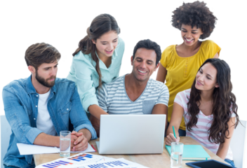 Colleagues using laptop at office