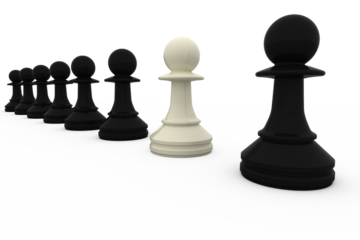 White chess pawn standing with black pieces