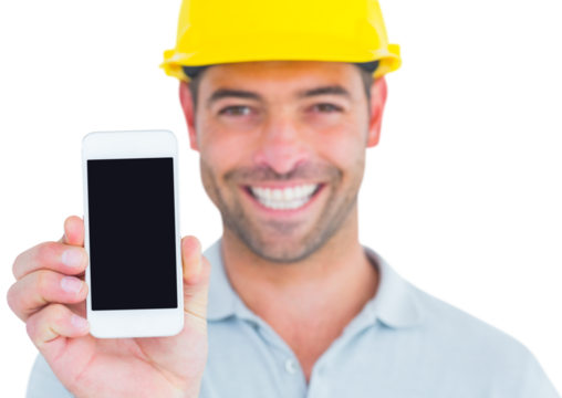 Portrait of smiling handyman showing smart phone - Powered by Adobe