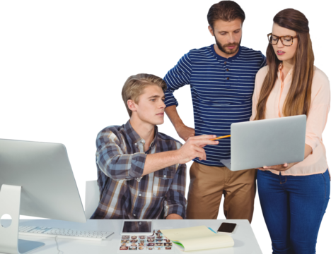 Business people discussing over laptop