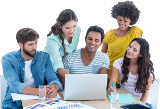 Colleagues using laptop at office