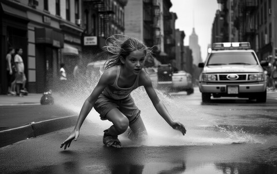 Dynamic black and white photography of a young girl jumping in a puddle on a New York street, with a police car and pedestrians in the background, created with generative A.I. technology.