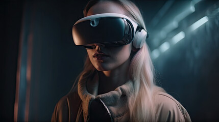 Modern futuristic woman wearing virtual reality goggles. Generative AI