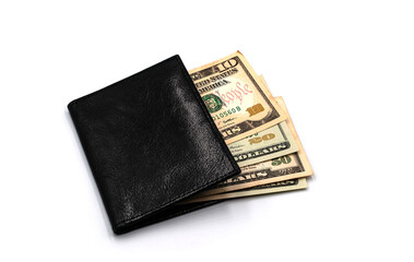 Black leather wallet with dollars isolated on white background.