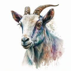 goat illustration with light watercolor on white background, minimalist animal painting, light watercolor artwork, unique wall décor, ai art. generative ai
