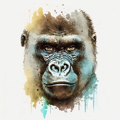 gorilla illustration with light watercolor on white background, minimalist animal painting, light watercolor artwork, unique wall décor, ai art. generative ai