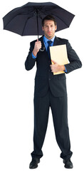 Businessman standing under umbrella while holding folder