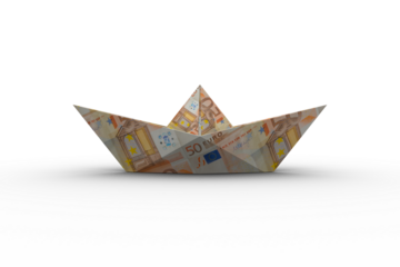 Origami paper boat made from fifty euro