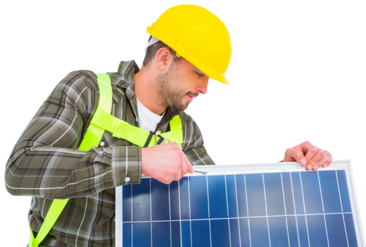 Manual worker tightening solar panel