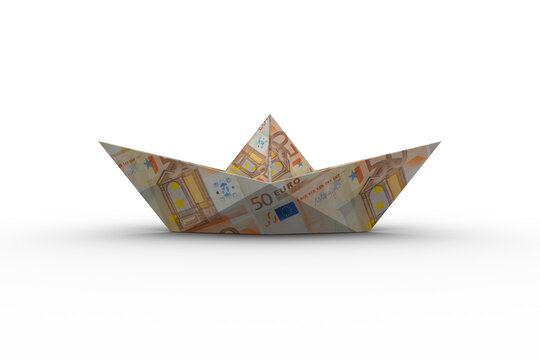 Fototapeta Origami paper boat made from fifty euro