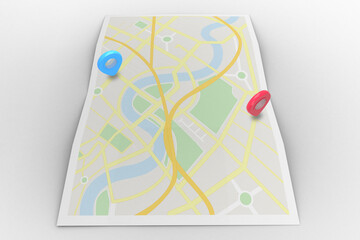 Red and blue markers on map