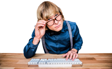 Hipster businessman looking closely the camera