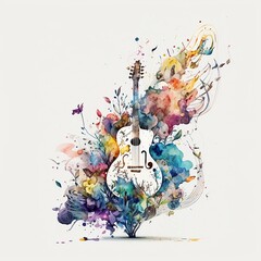 music illustration with light watercolor on white background, light watercolor artwork, unique wall décor, ai art. generative ai