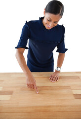 Businesswoman touching invisible screen on wooden table