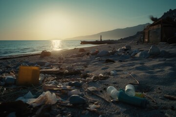 A heartbeaking image of a polluted beach, emphasizing the need for individuals and governments to take responsibility for reducing plastic waste and cleaning up our oceans.