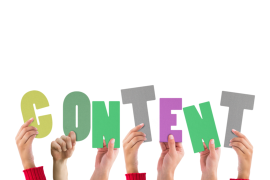 Colorful alphabet spelling content held up by people 