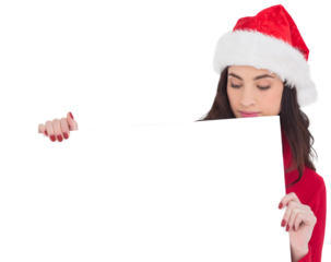 Beauty brunette in santa hat showing white poster