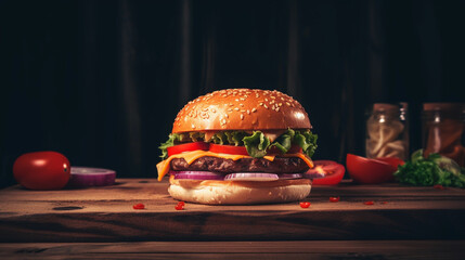 cheeseburger close up. hamburger or burger with salad, cheese and bun. ai generative