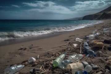 Fototapeta na wymiar A striking photo of a polluted beach, with the emphasis on the overwhelming amount of plastic waste that is polluting our oceans. 