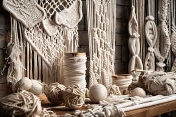 Macrame. Cotton threads and macrame. Feminine hobby. Eco friendly contemporary knitting DIY natural home decorating. Cotton wall art. Generative AI