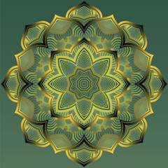 Abstract mandala textured green color combination of black with yellow gold lines