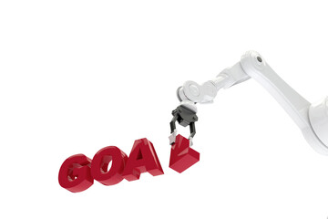 Composite image of robotic arm arranging goal text