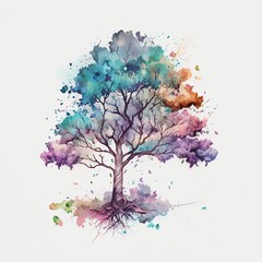 tree illustration with light watercolor on white background, light watercolor artwork, unique wall décor, ai art. generative ai