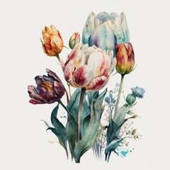 tulips illustration with light watercolor on white background, light watercolor artwork, unique wall décor, ai art. generative ai
