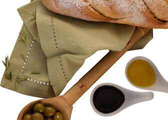 Overhead view of olive oil by bread