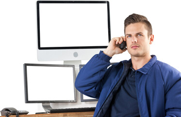 Handsome security officer talking on walkie talkie