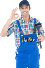 Plumber holding plunger while gesturing OK sign