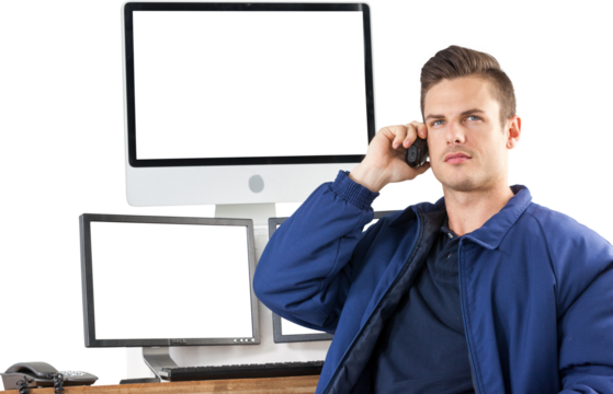 Handsome security officer talking on walkie talkie - Powered by Adobe