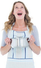 Smiling woman holding saucepan 