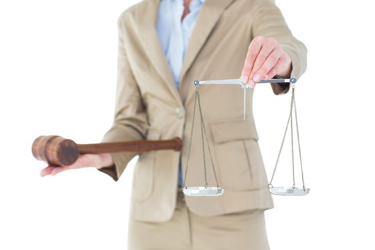 Young woman holding scales of justice and a gavel  - Powered by Adobe