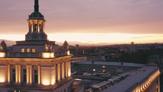Aerial Sofia Bulgaria shot at Sunrise Largo Indepence Square Parliament roof close up. Capital city in Europe, travel to Bulgaria