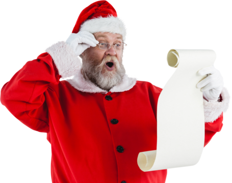 Santa Claus making facial expression while reading scroll 