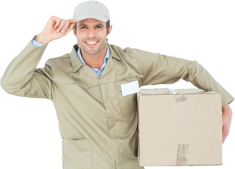 Confident delivery man carrying cardboard box