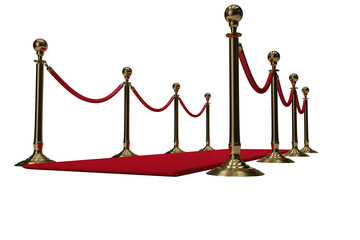 Golden rope barrier and red carpet on white background