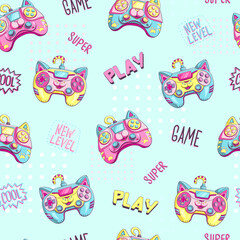 Cat Gamepad seamless pattern. gaming illustration of game pad like cats. Game repeat print for sport textile, girl clothes, wrapping paper. Gamer ornament. Cartoon kitten robot character