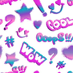 Colorful seamless pattern with smiling face, comics style words Wow, Oops, hashtag, exclamation mark, question sign. Gradient trendy endless ornament. Teenager repeat print. Fluffy cover ornaments © Kseniia Koval