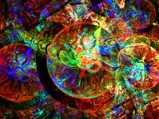 Imagen de arte fantástico digital compuesta de círculos desvanecientes oscuros rodeados de una maraña de colores translúcidos en lo que aparenta ser la reunión de seres luminosos extraterrestres.